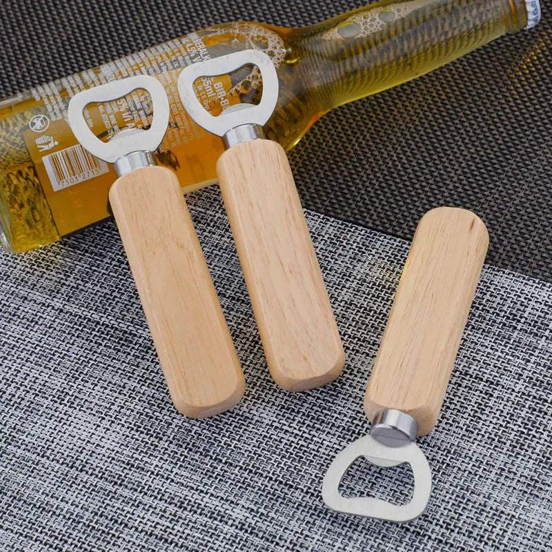 Stainless Steel Beer Bottle Opener with Wooden Handle, Wedding Gifts for Guests, Kitchen Bar Tools, Custom Logo Promotion Gift