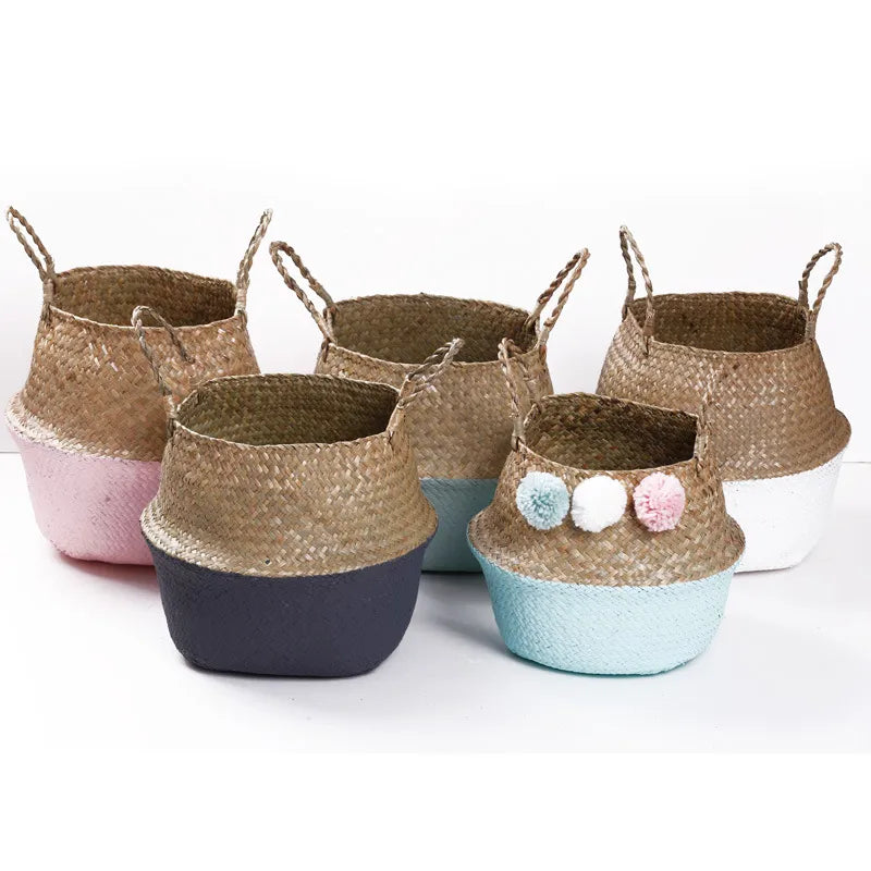 Handmade Woven Storage Basket Folding Clthoes Laundry Basket Straw Wicker Rattan Seagrass Belly Garden Flower Pot Plant Basket