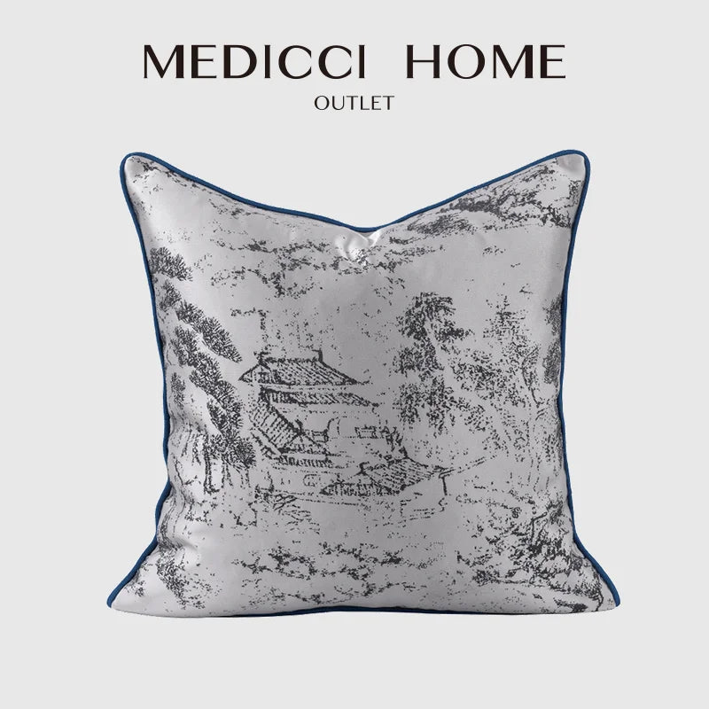 Medicci Home Asian Throw Pillow Cushion Cover Chinese Landscape Painting Jacquard Decorative Square Accent Pillow Case 45x45cm