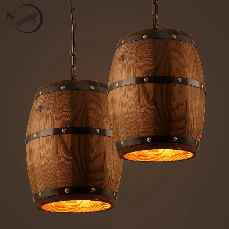 Retro Barrel Lamp Solid Wood Wine Barrel Hanging Pendant Lighting E27 Living Room Bar Cafe Lights Atomasphere Restaurant Lamp