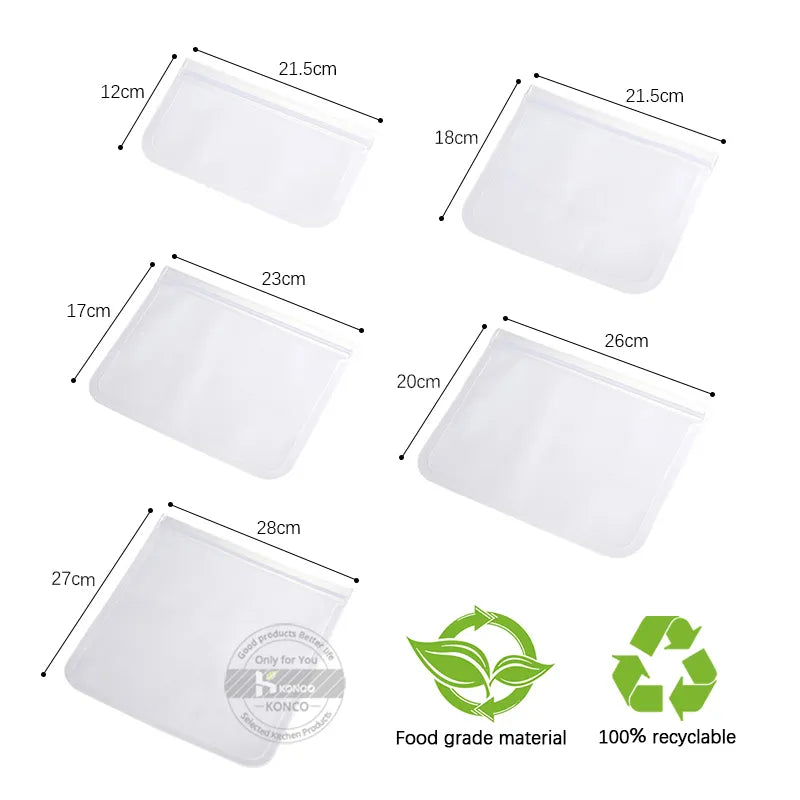 Konco Reusable Silicone Food Storage Bag Refrigerator Freezer Bag Leakproof Zip Lock Bags Kitchen Organizer Fresh-keeping Wrap