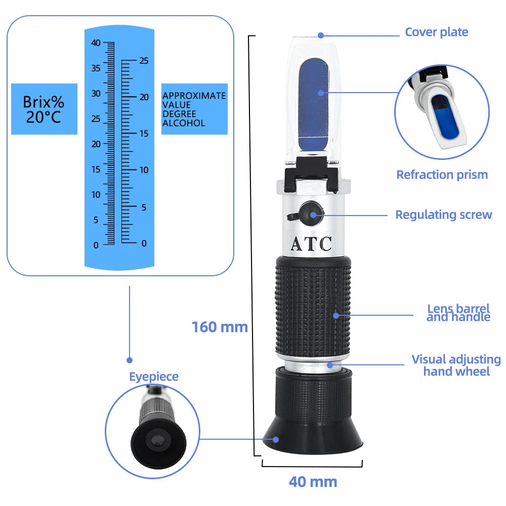 Handheld Alcohol Sugar Refractometer Wine Concentration Meter Densitometer 0-25% Alcohol Beer 0-40% Brix Grapes Refractometer