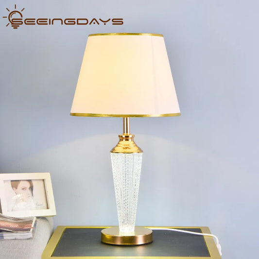 Free Shipping Shine Up And Down Crystal Glass Led Table Lamp For Bedroom Golden Edge Lampshade Bedside Lamp Night Lamp 220v 110v