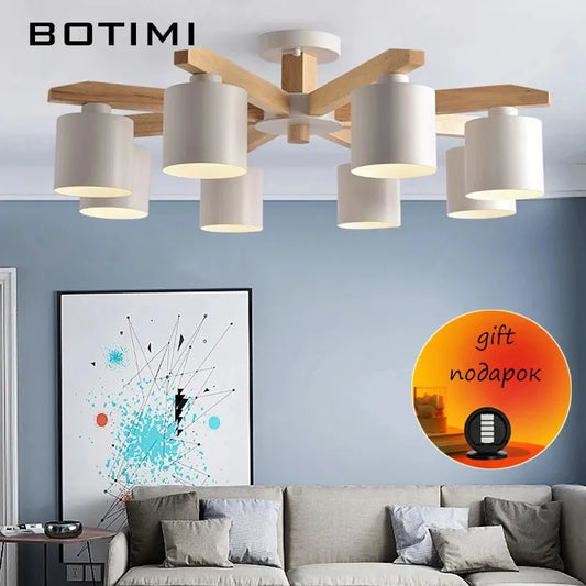 BOTIMI Wooden Chandelier For Living Room Wood Frame Lustre Lighting With Cylindrical Metal Lampshades Dining Table Kitchen Lamps