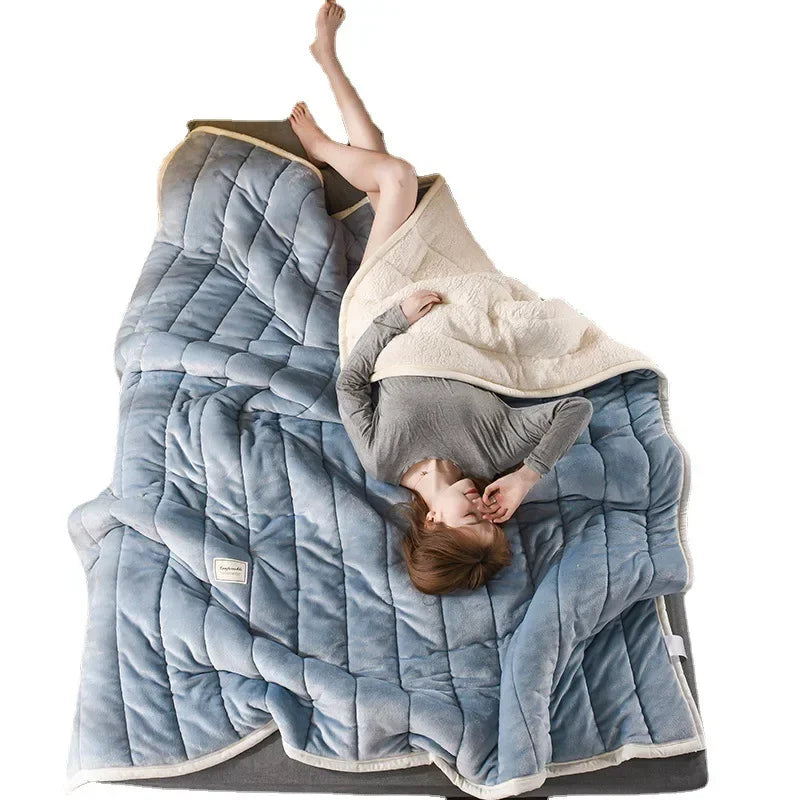 Thick Imitation Lamb Wool Blanket Winter Double-sided Three-layer Quilted Blanket Skin-friendly Cozy Warm Bed Cover Blanket