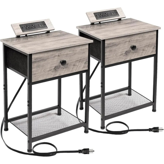 Nightstands Set of 2, Small Night Stands with Charging Station, End Side Tables with USB Ports & Outlets, Slim Bedside Table