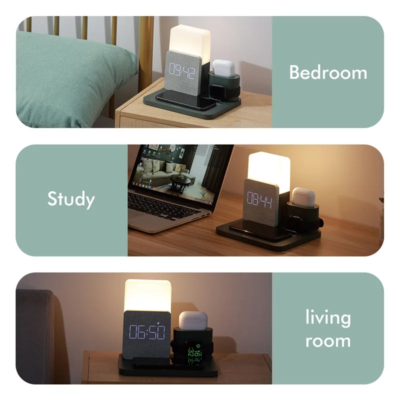 Multifunctional Fast Charging LED Lamp Bedside Lamp Alarm Clock Table Lamp Wireless Charging Station Watch Earphone Charging