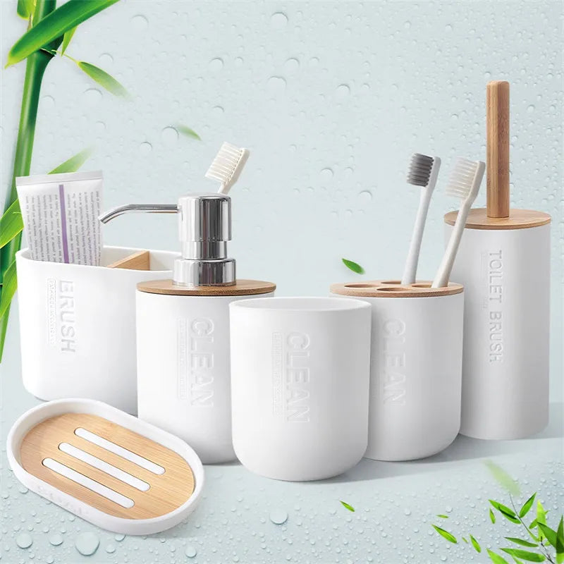 Bathroom Accessories Set Soap Dispenser Bottle Dish Washroom Toothbrush Holder Cup Suit Lotion Rack Toilet Brush Garbage Can