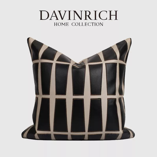 DAVINRICH Leather Patched Throw Pillow Cover Luxury Modern Boho Accent Cushion Case For Beverly Hills Bed Couch Guest Room Decor