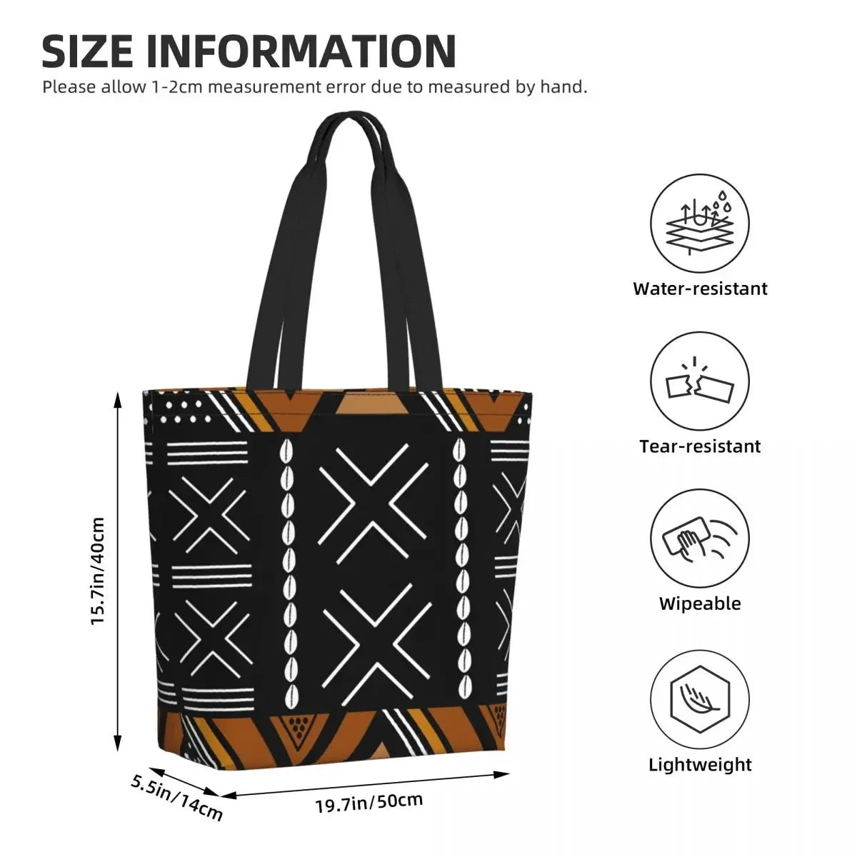 African Mud Cloth Bogolan Design Shopping Bag Shoulder Canvas Tote Bag Durable Tribal Geometric Art Groceries Shopper Bags