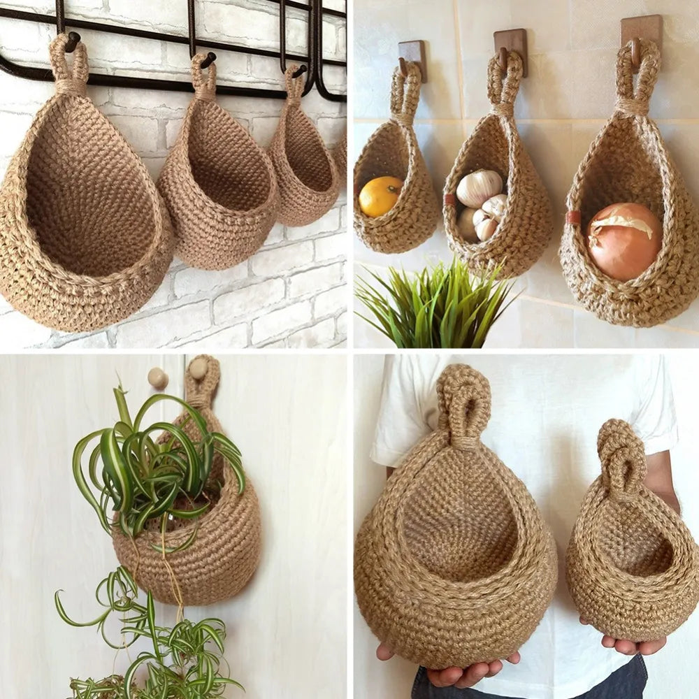 XS-2XL Handwoven Wall Hanging Fruit Vegetable Basket Teardrop Plant Basket Kitchen Table Wall Hanging Storage Basket Container