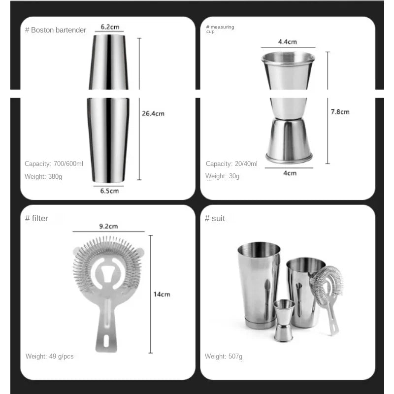 Cocktail Mixer Shaker Set 4pcs Boston Shaker Tins Bartender Kit 18oz & 28oz Mixed Drink Shaker Strainer Double Measuring Jigger