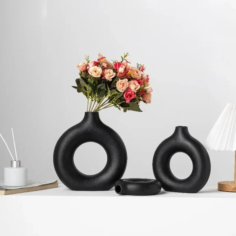 Nordic Vase Circular Hollow Ceramic Flower Vase for Home Living Room Decoration Accessories Interior Office Desktop Decor Gift