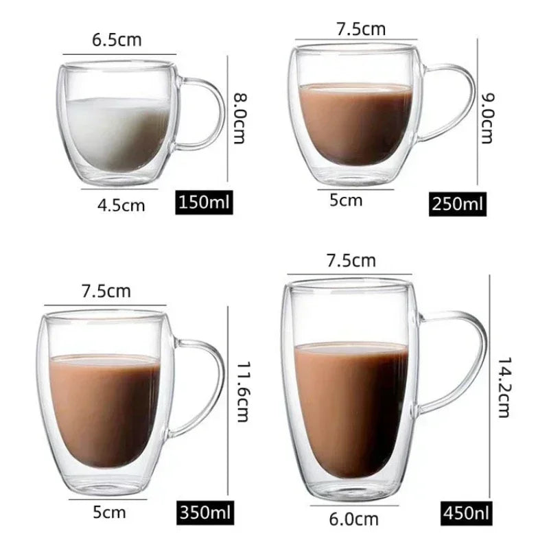 4 Sizes Heat Resistant Clear Double Wall High Borosilicate Glass Mug with Handle Coffee Milk Juice Water Cup Espresso Shot Glass