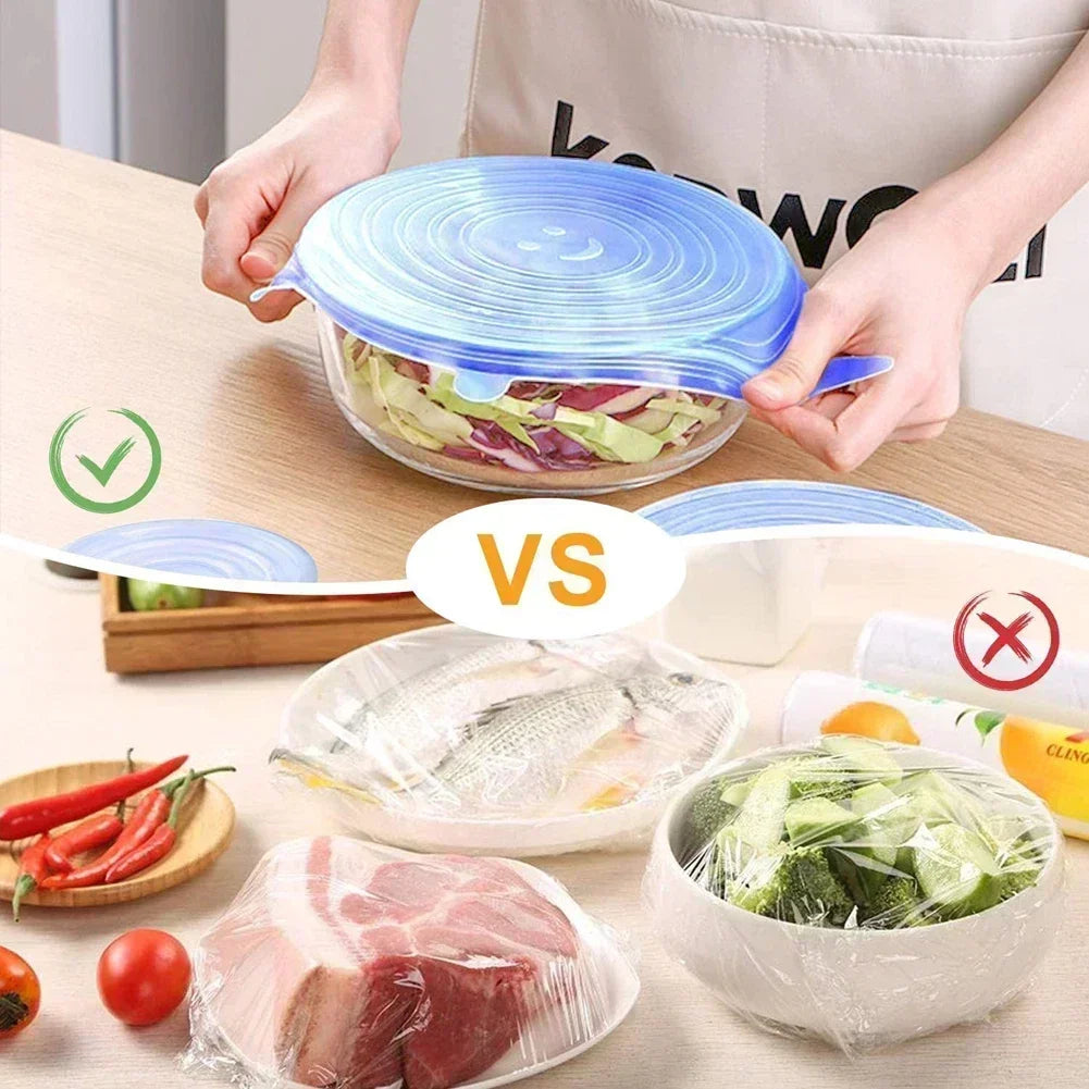 6pcs Housewares Kitchen Storage Organization Can Lids Universal Silicone Lid for Cookware Bowls Reusable Stretch Cover & Food