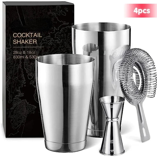 Cocktail Mixer Shaker Set 4pcs Boston Shaker Tins Bartender Kit 18oz & 28oz Mixed Drink Shaker Strainer Double Measuring Jigger