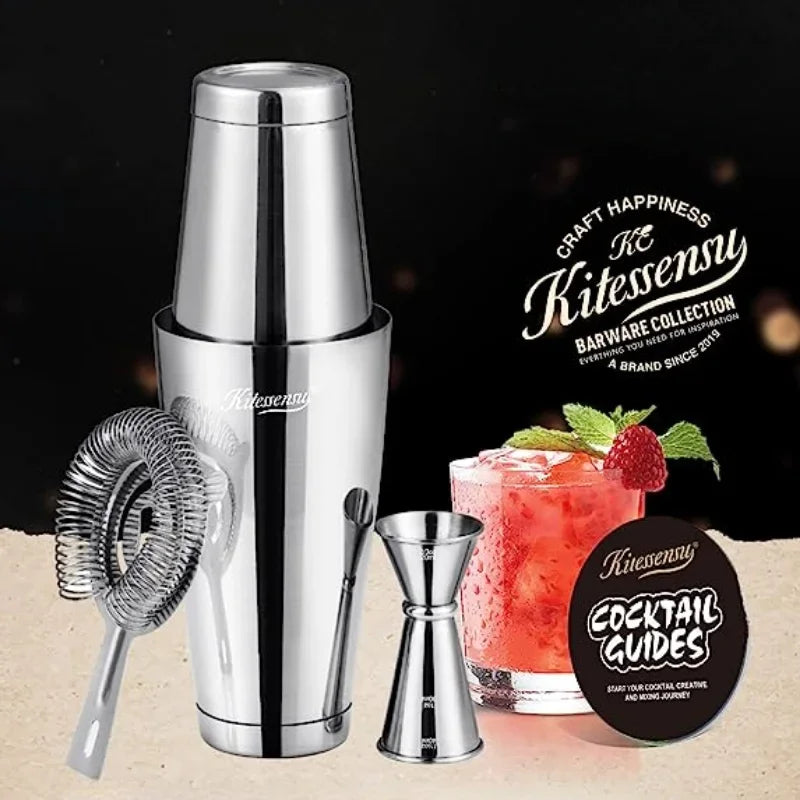 Cocktail Mixer Shaker Set 4pcs Boston Shaker Tins Bartender Kit 18oz & 28oz Mixed Drink Shaker Strainer Double Measuring Jigger