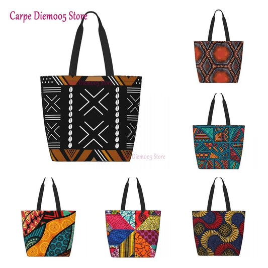 African Mud Cloth Bogolan Design Shopping Bag Shoulder Canvas Tote Bag Durable Tribal Geometric Art Groceries Shopper Bags