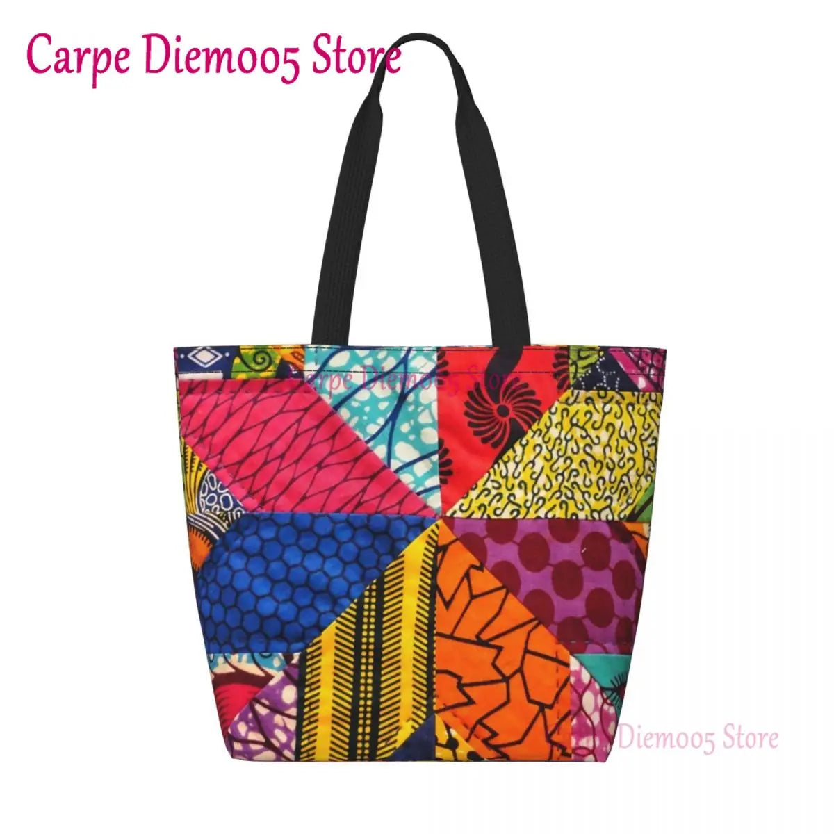 African Ankara Prints Grocery Shopping Tote Bags Women Geometric Ethnic Art Canvas Shoulder Shopper Bags Big Capacity Handbag