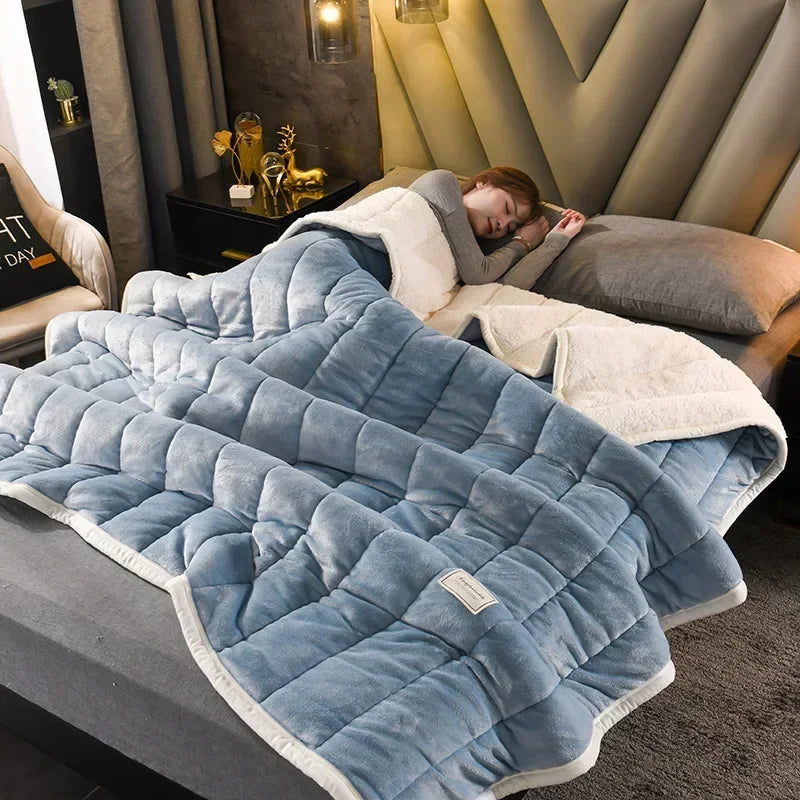 Thick Imitation Lamb Wool Blanket Winter Double-sided Three-layer Quilted Blanket Skin-friendly Cozy Warm Bed Cover Blanket