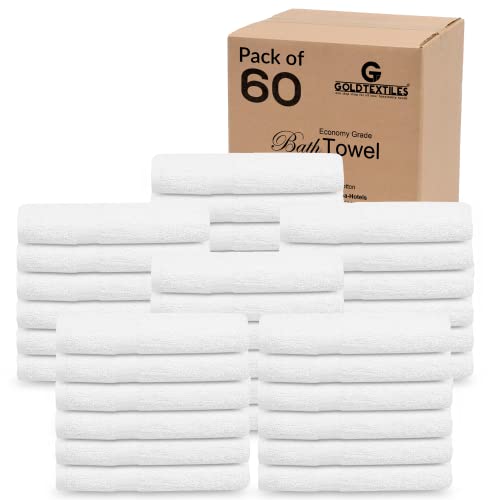 GOLD TEXTILES 60 Pack White Hotel Bath Towels Bulk 20x40 Inches - Cotton Blend Economy Cheap Bath Towels for Commercial Uses, Gym, Salon, Spa & Hair - Lightweight Bath Towels Quick Dry (60 Pcs White)