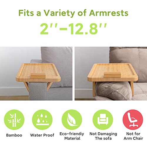 SINWANT Bamboo Sofa Clip on Side Table for Wide Couches Arm, Foldable Couch Tray with 360° Rotating Phone Holder, Armrest Table for Eating/Drinks/Snacks/Remote/Control