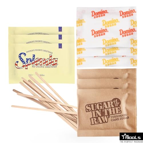 Sugar & Sweetener Assortment Packets Packaged by Bools, Sugar Packets, Splenda, Brown Sugar, Plus Bools Wooden Coffee Stirrers (300 Pack) Sugar Packets for Home, Office, Coffee, Bar, Gift