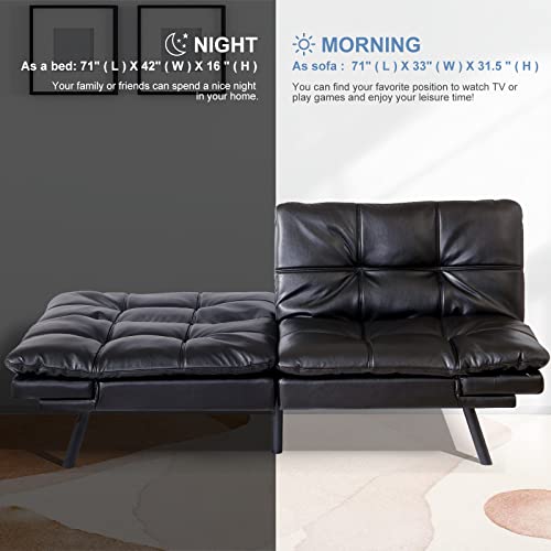 MUUEGM Futon Sofa Bed Memory Foam Couch Sleeper Convertible Faux Leather Modern Folding Love seat Daybed for Living Room,Office,Apartment,Dorm,Adjustable Arm&Back Sofabed, Black-New