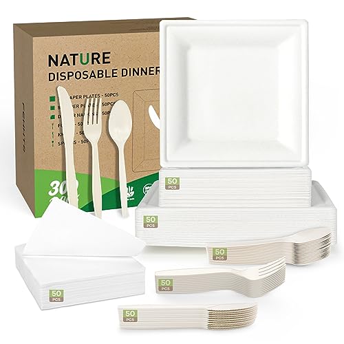 FEHHTO Compostable Paper Plates Set, 300PCS Disposable Square Plates and Heavy-duty Utensils, 10inch & 8inch Eco-Friendly Sugarcane Plates With Biodegradable Napkins for Party 50 People