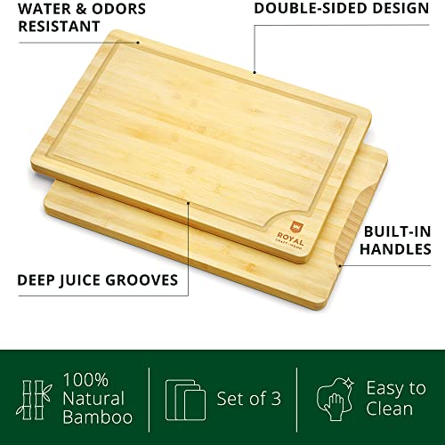 ROYAL CRAFT WOOD Cutting Boards for Kitchen - Bamboo Cutting Board Set of 3, Cutting Boards with Juice Grooves, Serving Board Set, Thick Chopping Board for Meat, Veggies, Easy Grip Handle