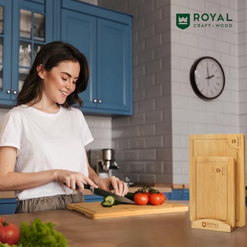 ROYAL CRAFT WOOD Cutting Boards for Kitchen - Bamboo Cutting Board Set of 3, Cutting Boards with Juice Grooves, Serving Board Set, Thick Chopping Board for Meat, Veggies, Easy Grip Handle