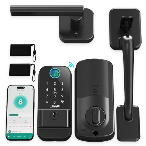 Smart Front Lock Handle Set: WiFi Fingerprints Keyless Entry Keypad Door Lock with Handle Digital Electronic Deadbolt Auto Lock App Alexa Exterior Home Matte Black UYF