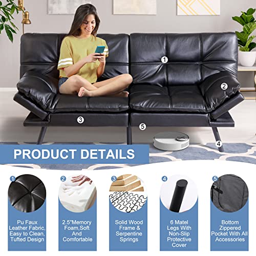 MUUEGM Futon Sofa Bed Memory Foam Couch Sleeper Convertible Faux Leather Modern Folding Love seat Daybed for Living Room,Office,Apartment,Dorm,Adjustable Arm&Back Sofabed, Black-New