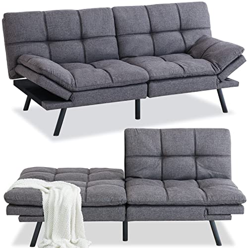 MUUEGM Futon Sofa Bed Modern Memory Foam Futon Couch Sleeper Sofa,Love seat Convertible Sofa with Adjustable Armrest Backrest for Compact Living Spaces,71'' x33''x31.5'',Linen Fabric,Grey