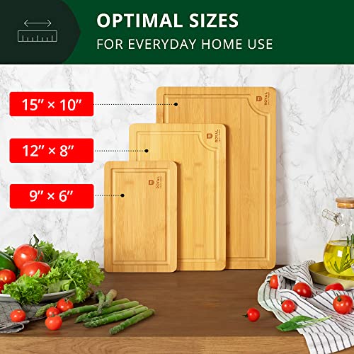 ROYAL CRAFT WOOD Cutting Boards for Kitchen - Bamboo Cutting Board Set of 3, Cutting Boards with Juice Grooves, Serving Board Set, Thick Chopping Board for Meat, Veggies, Easy Grip Handle