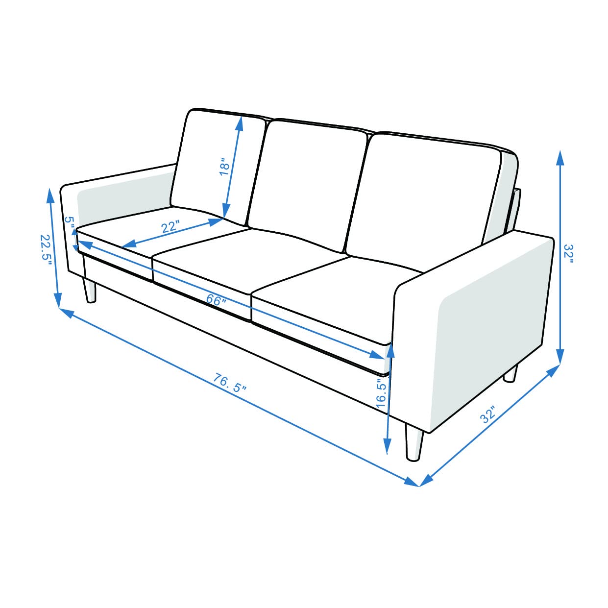 Panana Upholstered Modern Sofa Couch for Living Room, Grey Linen Fabric with 2 Small Pillows and Wooden Legs, 3 Seater Sofa Couches for Small Spaces, Bedroom, Apartment (Grey, 3 Seater)