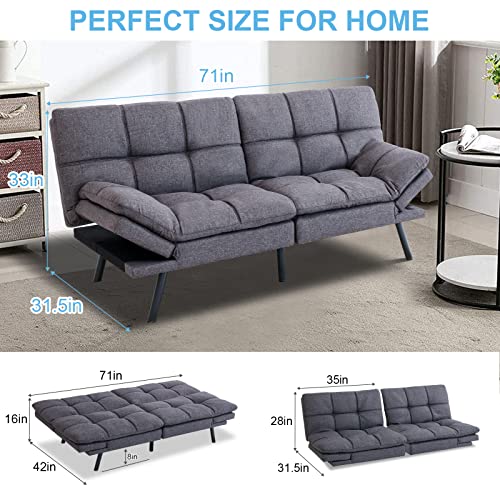 MUUEGM Futon Sofa Bed Modern Memory Foam Futon Couch Sleeper Sofa,Love seat Convertible Sofa with Adjustable Armrest Backrest for Compact Living Spaces,71'' x33''x31.5'',Linen Fabric,Grey