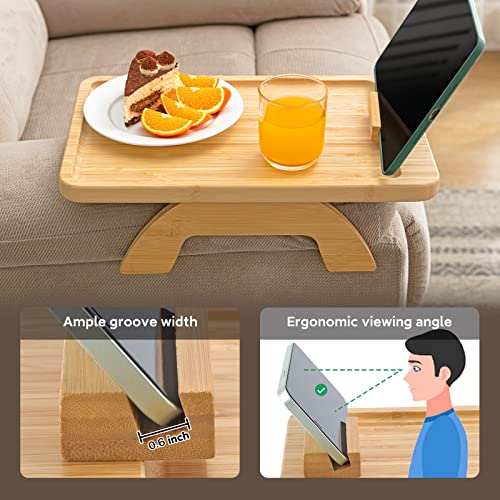 SINWANT Bamboo Sofa Clip on Side Table for Wide Couches Arm, Foldable Couch Tray with 360° Rotating Phone Holder, Armrest Table for Eating/Drinks/Snacks/Remote/Control