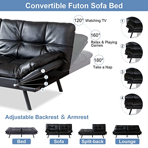 MUUEGM Futon Sofa Bed Memory Foam Couch Sleeper Convertible Faux Leather Modern Folding Love seat Daybed for Living Room,Office,Apartment,Dorm,Adjustable Arm&Back Sofabed, Black-New