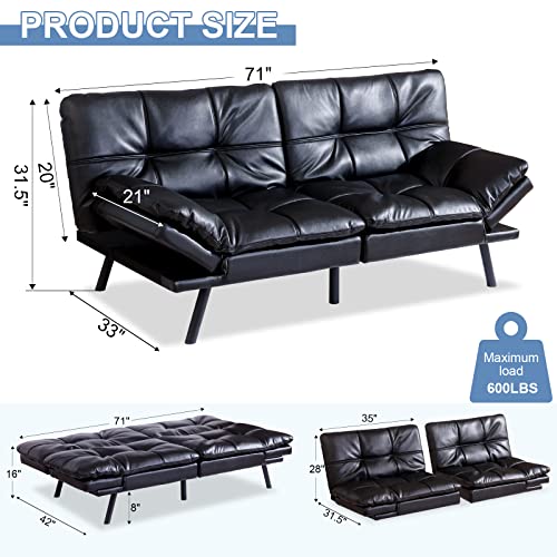 MUUEGM Futon Sofa Bed Memory Foam Couch Sleeper Convertible Faux Leather Modern Folding Love seat Daybed for Living Room,Office,Apartment,Dorm,Adjustable Arm&Back Sofabed, Black-New