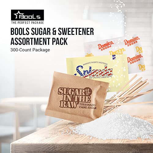 Sugar & Sweetener Assortment Packets Packaged by Bools, Sugar Packets, Splenda, Brown Sugar, Plus Bools Wooden Coffee Stirrers (300 Pack) Sugar Packets for Home, Office, Coffee, Bar, Gift