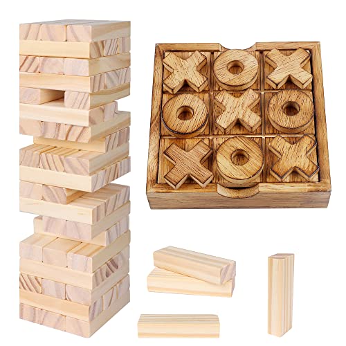 Glintoper Tic Tac Toe & Tumble Tower Blocks Game Set, Classic Wood Stacking & XOXO Strategy Board Game for Travel, Kids Family, Living Room Rustic Coffee Table Decor