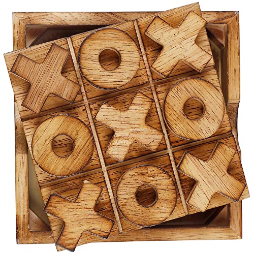 Glintoper Tic Tac Toe & Tumble Tower Blocks Game Set, Classic Wood Stacking & XOXO Strategy Board Game for Travel, Kids Family, Living Room Rustic Coffee Table Decor