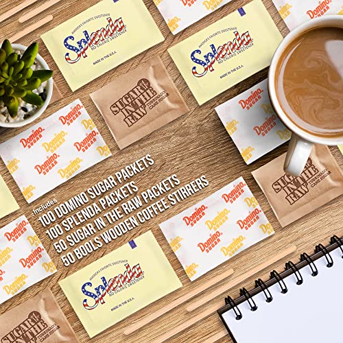 Sugar & Sweetener Assortment Packets Packaged by Bools, Sugar Packets, Splenda, Brown Sugar, Plus Bools Wooden Coffee Stirrers (300 Pack) Sugar Packets for Home, Office, Coffee, Bar, Gift