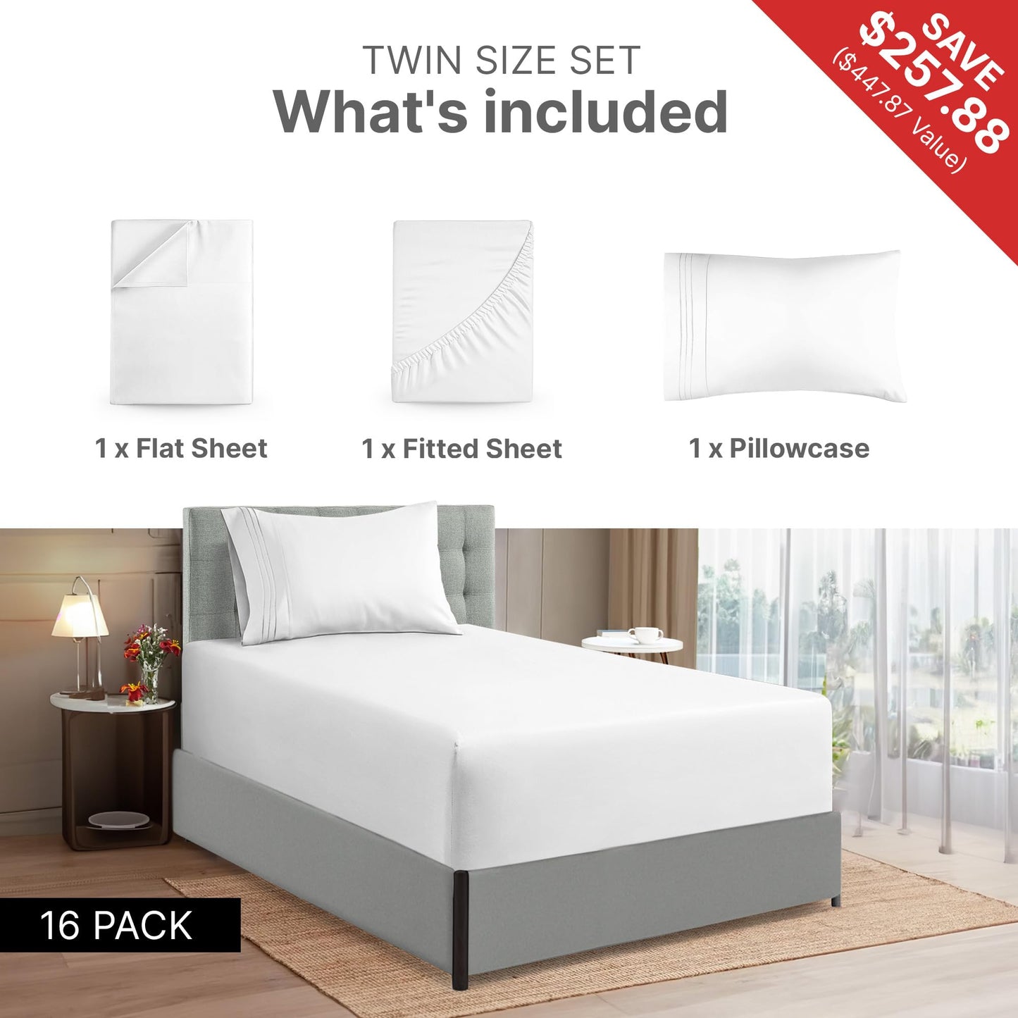 Case Pack of 12 Sheet Sets - (12) Complete Sheet Sets - Only $17 Per King Sheet Set - Bulk Sheet Sets King - Wholesale Linens for Hotels, Rental Properties & Airbnbs - Exceptional Value (King, White)