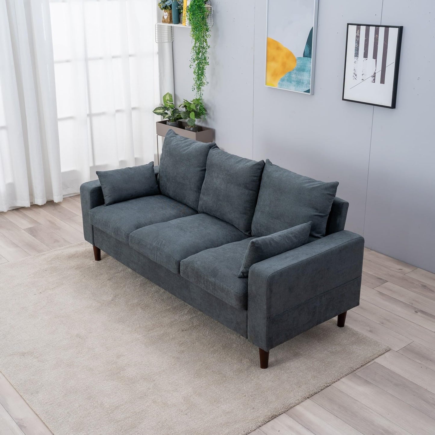 Panana Sectional Sofa 3 Seat Couch, Modern Sofa with Solid Wood Legs, Couches Sofas for Living Room Apartment Bedroom, Comfortable Small Couches for Small Spaces (Gray Linen-Track Arm)