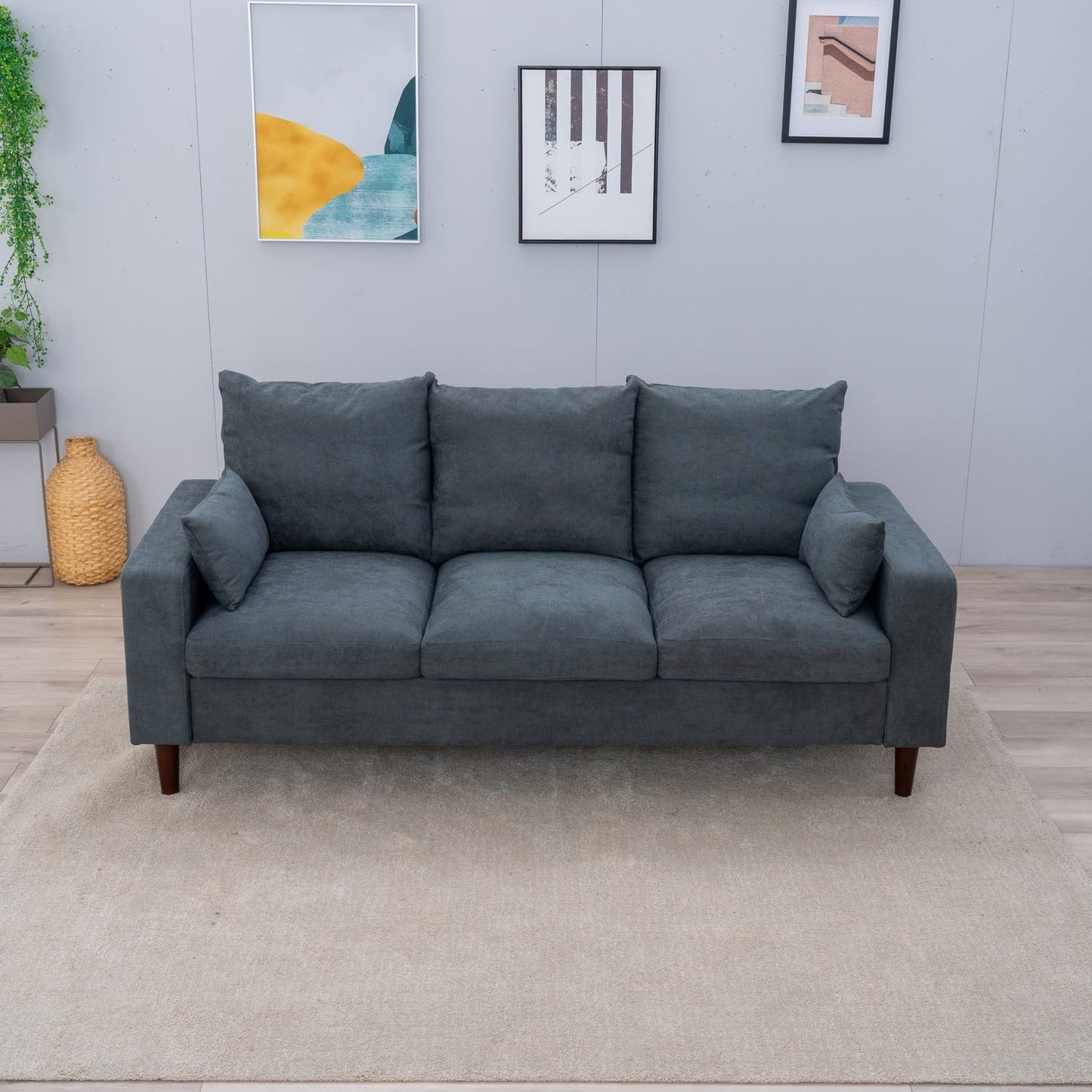 Panana Sectional Sofa 3 Seat Couch, Modern Sofa with Solid Wood Legs, Couches Sofas for Living Room Apartment Bedroom, Comfortable Small Couches for Small Spaces (Gray Linen-Track Arm)