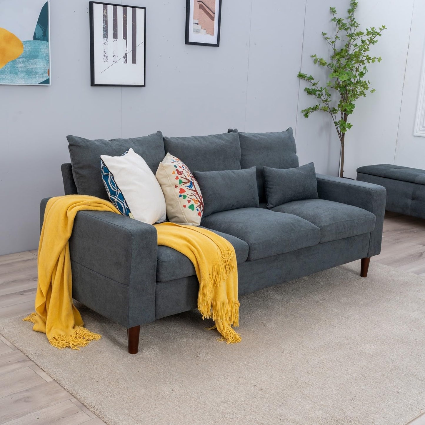 Panana Sectional Sofa 3 Seat Couch, Modern Sofa with Solid Wood Legs, Couches Sofas for Living Room Apartment Bedroom, Comfortable Small Couches for Small Spaces (Gray Linen-Track Arm)