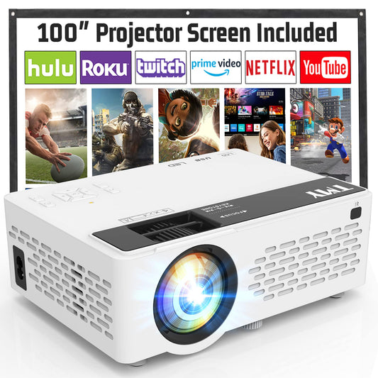 TMY Mini Projector, Upgraded 9500 Lumens Bluetooth Projector with 100" Screen, 1080P Full HD Portable Projector, Movie Projector Compatible with TV Stick Smartphone/HDMI/USB/AV, indoor & outdoor use