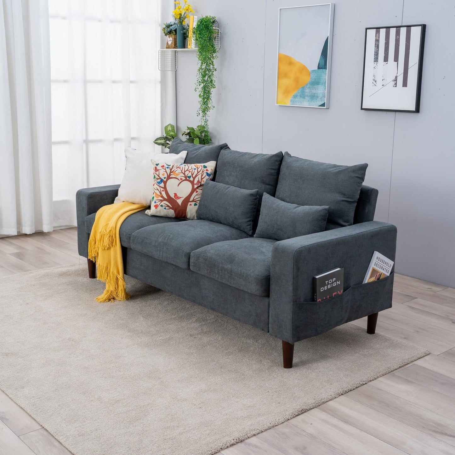 Panana Sectional Sofa 3 Seat Couch, Modern Sofa with Solid Wood Legs, Couches Sofas for Living Room Apartment Bedroom, Comfortable Small Couches for Small Spaces (Gray Linen-Track Arm)